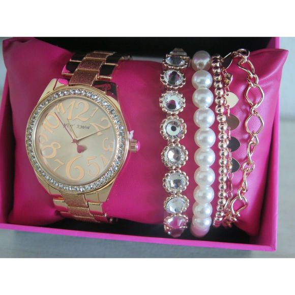 BETSEY JOHNSON CRYSTAL BEZEL ROSE-GOLD WATCH W/BRACELETS BOXED SET NEW!! $120+ - Picture 8 of 9